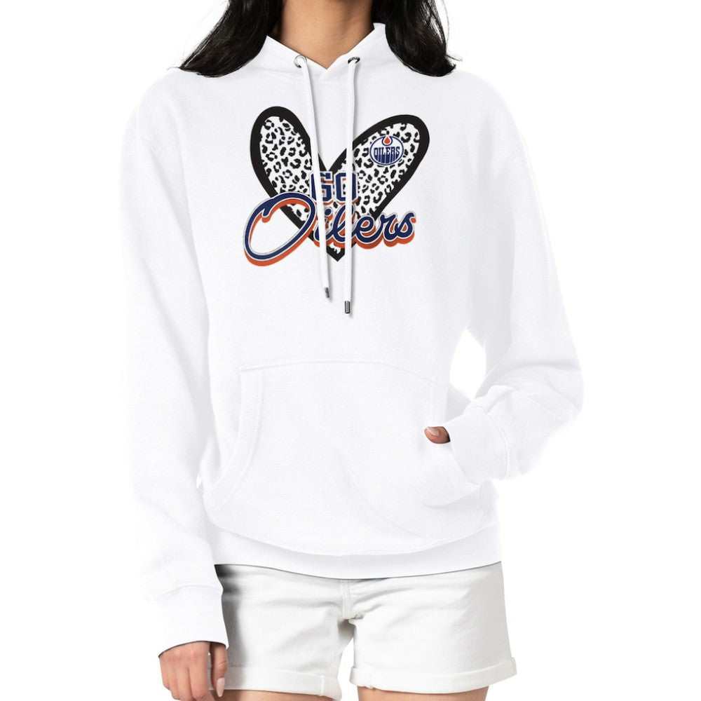 Edmonton Oilers G-III 4Her by Carl Banks Women's Animal Print Heart Fleece Pullover Hoodie - White | NHL Lifestyle