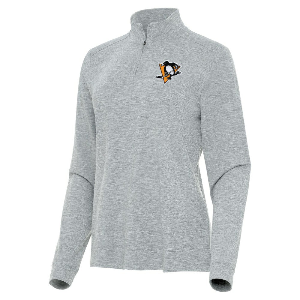 Pittsburgh Penguins Antigua Women's Mentor Quarter-Zip Mock Long Sleeve Top - Heather Gray | NHL Lifestyle