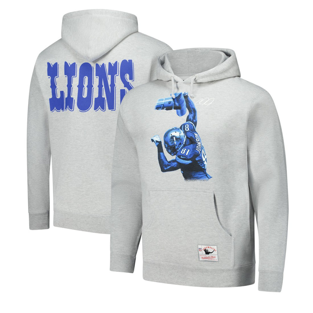 Calvin Johnson Detroit Lions Hall of Fame Player Graphic Pullover Hoodie - Heather Gray - Mitchell & Ness