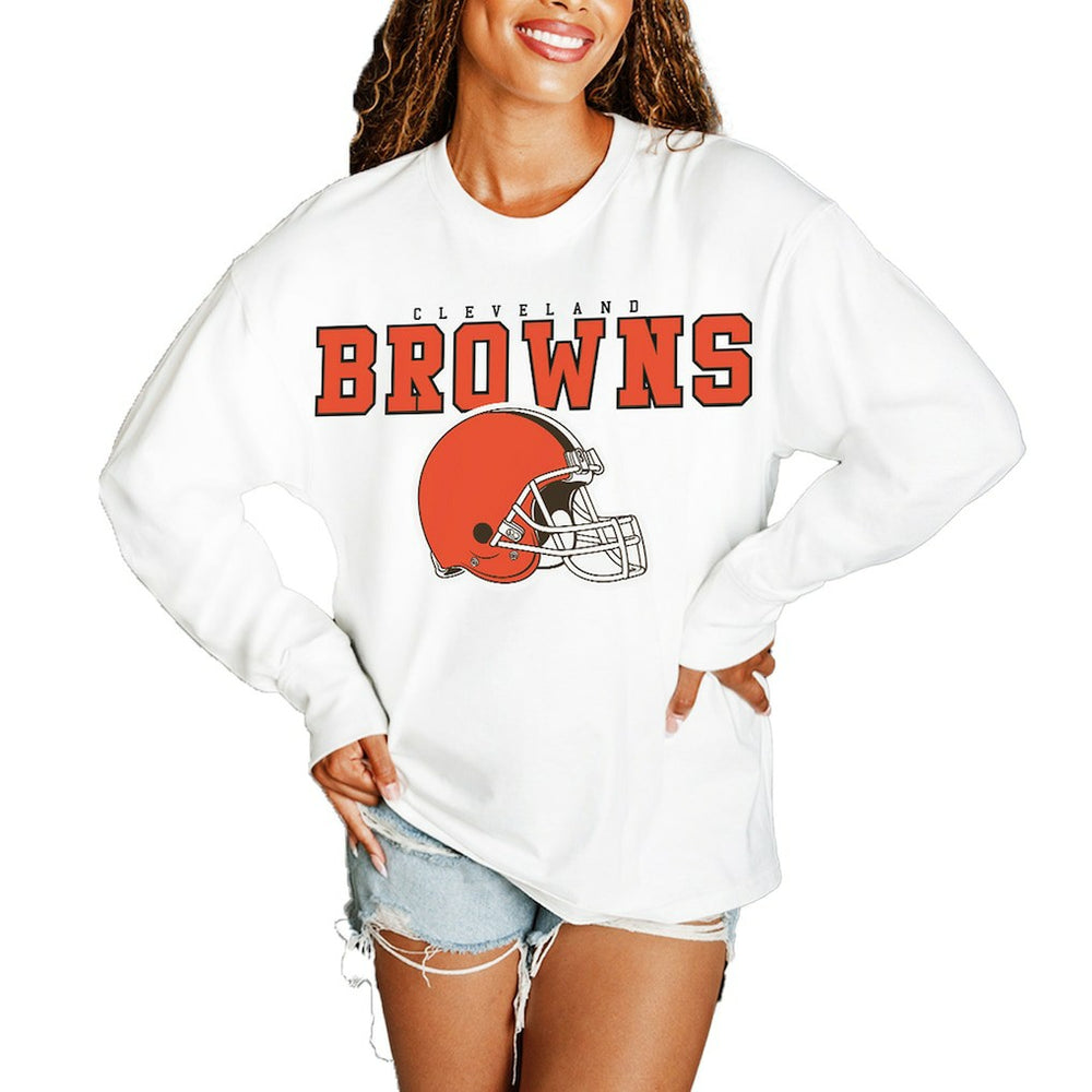 Cleveland Browns Gameday Couture Women's Big Goals Oversized Long Sleeve T-Shirt - White - NFL