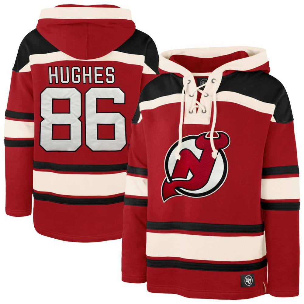 Jack Hughes New Jersey Devils '47 Big & Tall Lace-up Pullover Hoodie - Red | 47 brand near me