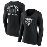 Chicago Bears Women's Personalized Name & Number Monochrome Long Sleeve V-Neck T-Shirt - Black - NFL