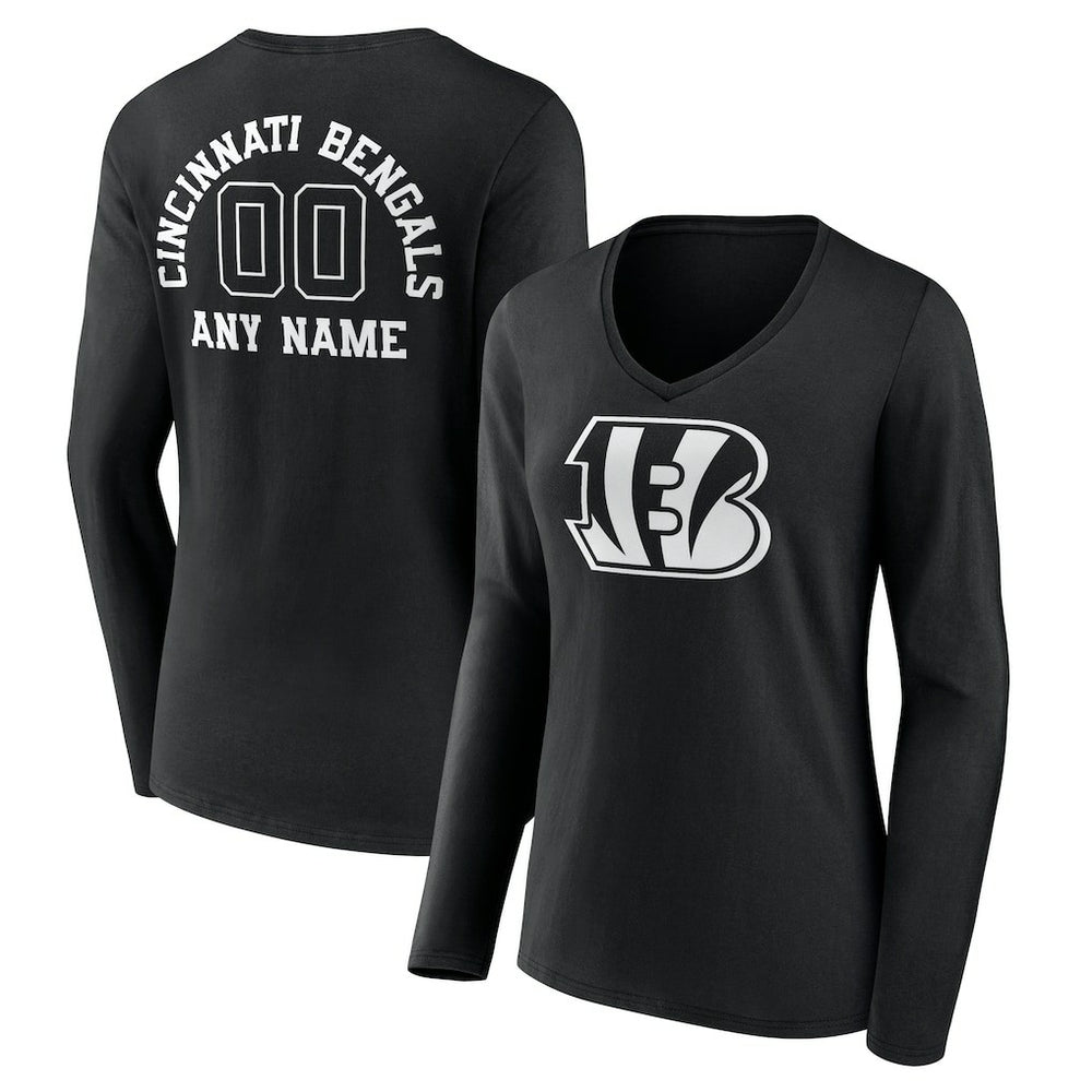 Cincinnati Bengals Women's Personalized Name & Number Monochrome Long Sleeve V-Neck T-Shirt - Black - NFL