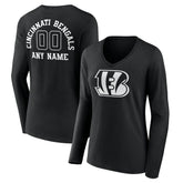 Cincinnati Bengals Women's Personalized Name & Number Monochrome Long Sleeve V-Neck T-Shirt - Black - NFL