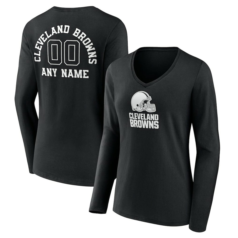 Cleveland Browns Women's Personalized Name & Number Monochrome Long Sleeve V-Neck T-Shirt - Black - NFL