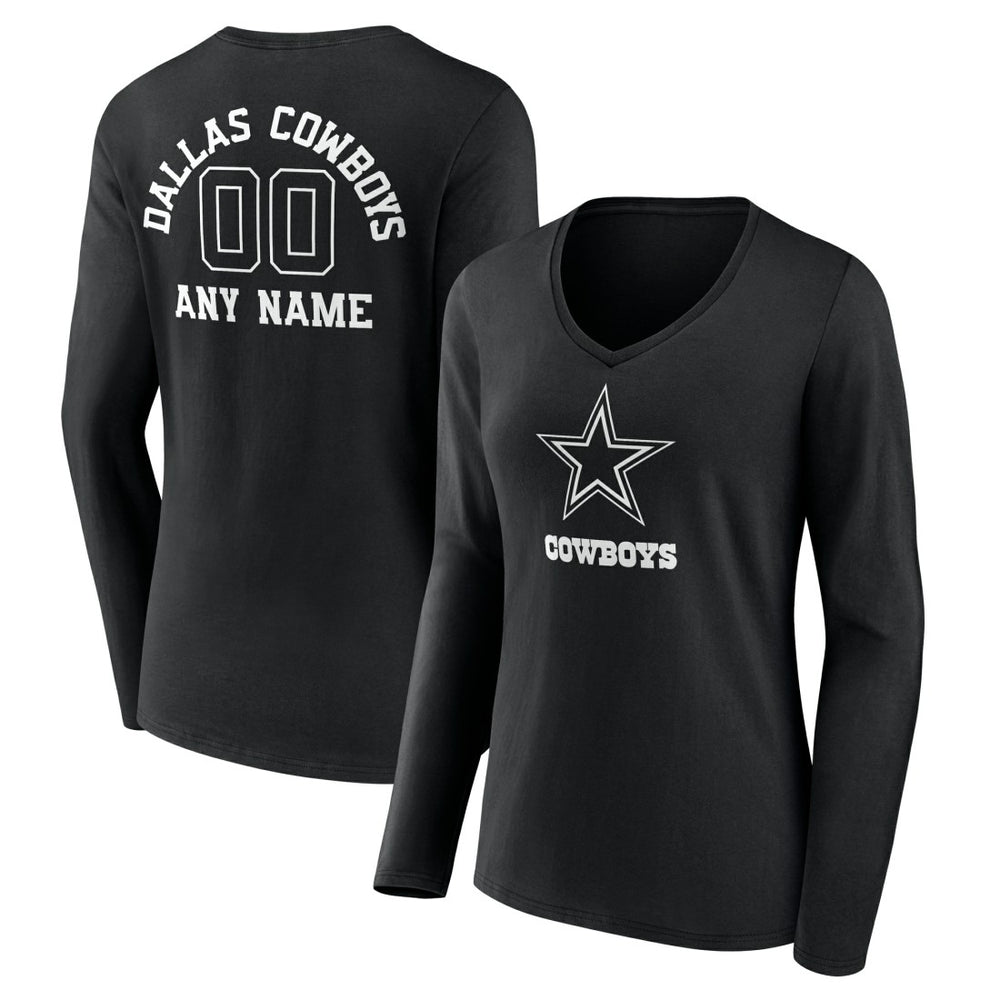 Dallas Cowboys Women's Personalized Name & Number Monochrome Long Sleeve V-Neck T-Shirt - Black - NFL
