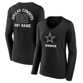 Dallas Cowboys Women's Personalized Name & Number Monochrome Long Sleeve V-Neck T-Shirt - Black - NFL