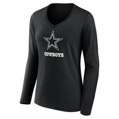 Dallas Cowboys Women's Personalized Name & Number Monochrome Long Sleeve V-Neck T-Shirt - Black - NFL