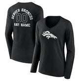 Denver Broncos Women's Personalized Name & Number Monochrome Long Sleeve V-Neck T-Shirt - Black - NFL