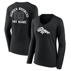 Denver Broncos Women's Personalized Name & Number Monochrome Long Sleeve V-Neck T-Shirt - Black - NFL