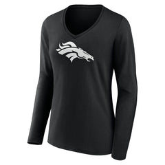 Denver Broncos Women's Personalized Name & Number Monochrome Long Sleeve V-Neck T-Shirt - Black - NFL