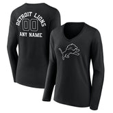Detroit Lions Women's Personalized Name & Number Monochrome Long Sleeve V-Neck T-Shirt - Black - NFL