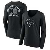 Houston Texans Women's Personalized Name & Number Monochrome Long Sleeve V-Neck T-Shirt - Black - NFL