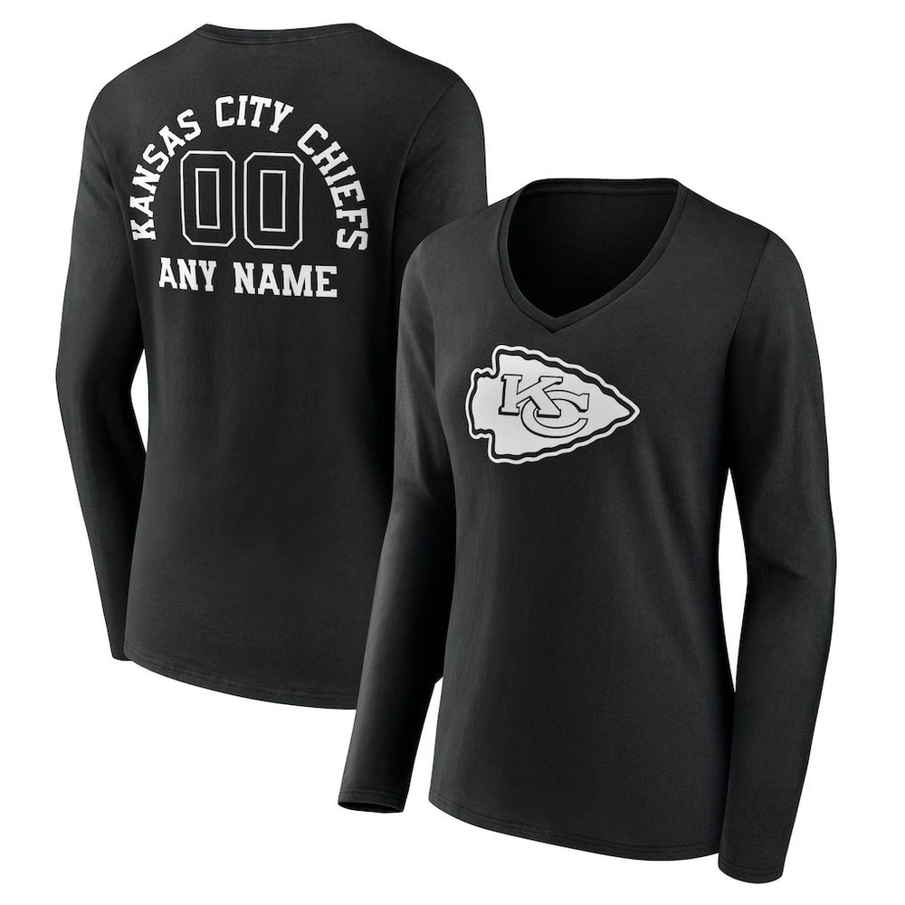Kansas City Chiefs Women's Personalized Name & Number Monochrome Long Sleeve V-Neck T-Shirt - Black - NFL