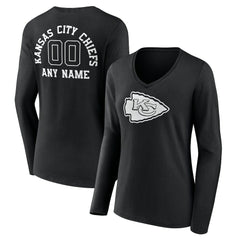 Kansas City Chiefs Women's Personalized Name & Number Monochrome Long Sleeve V-Neck T-Shirt - Black - NFL