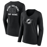 Miami Dolphins Women's Personalized Name & Number Monochrome Long Sleeve V-Neck T-Shirt - Black - NFL