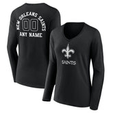 New Orleans Saints Women's Personalized Name & Number Monochrome Long Sleeve V-Neck T-Shirt - Black - NFL