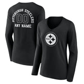 Pittsburgh Steelers Women's Personalized Name & Number Monochrome Long Sleeve V-Neck T-Shirt - Black - NFL