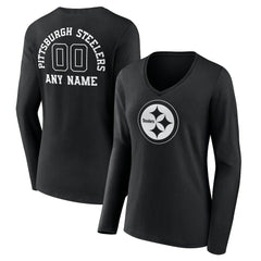Pittsburgh Steelers Women's Personalized Name & Number Monochrome Long Sleeve V-Neck T-Shirt - Black - NFL