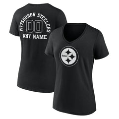 Pittsburgh Steelers Women's Personalized Name & Number Monochrome V-Neck T-Shirt - Black - NFL