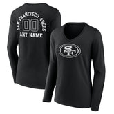 San Francisco 49ers Women's Personalized Name & Number Monochrome Long Sleeve V-Neck T-Shirt - Black - NFL