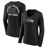 Seattle Seahawks Women's Personalized Name & Number Monochrome Long Sleeve V-Neck T-Shirt - Black - NFL