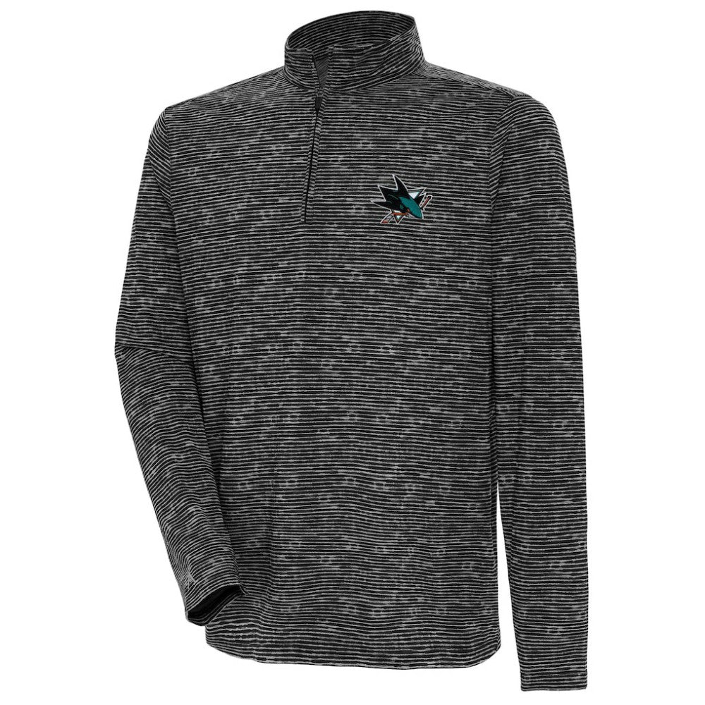 Men's San Jose Sharks Antigua Determined Quarter-Zip Sweatshirt - Heather Black | NHL Lifestyle