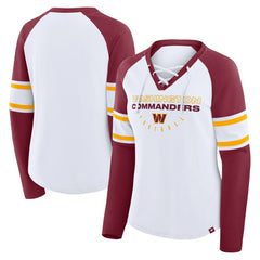 Washington Commanders Women's Redzone Blitz Package Raglan Lace-Up V-Neck Long Sleeve T-Shirt - White/Burgundy - Fanatics