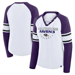 Baltimore Ravens Women's Redzone Blitz Package Raglan Lace-Up V-Neck Long Sleeve T-Shirt - White/Purple - Fanatics