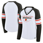 Cleveland Browns Women's Redzone Blitz Package Raglan Lace-Up V-Neck Long Sleeve T-Shirt - White/Brown - Fanatics