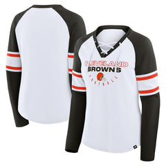 Cleveland Browns Women's Redzone Blitz Package Raglan Lace-Up V-Neck Long Sleeve T-Shirt - White/Brown - Fanatics