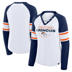 Denver Broncos Women's Redzone Blitz Package Raglan Lace-Up V-Neck Long Sleeve T-Shirt - White/Navy - Fanatics