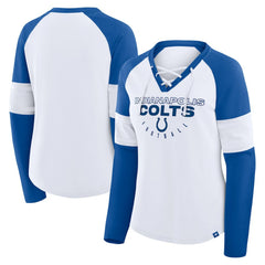 Indianapolis Colts Women's Redzone Blitz Package Raglan Lace-Up V-Neck Long Sleeve T-Shirt - White/Royal - Fanatics