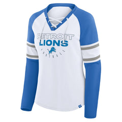Detroit Lions Women's Redzone Blitz Package Raglan Lace-Up V-Neck Long Sleeve T-Shirt - White/Blue - Fanatics