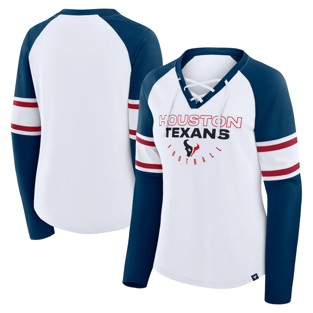 Houston Texans Women's Redzone Blitz Package Raglan Lace-Up V-Neck Long Sleeve T-Shirt - White/Navy - Fanatics