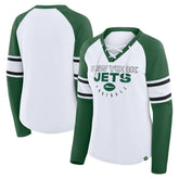 New York Jets Women's Redzone Blitz Package Raglan Lace-Up V-Neck Long Sleeve T-Shirt - White/Green - Fanatics