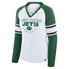 New York Jets Women's Redzone Blitz Package Raglan Lace-Up V-Neck Long Sleeve T-Shirt - White/Green - Fanatics
