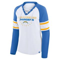 Los Angeles Chargers Women's Redzone Blitz Package Raglan Lace-Up V-Neck Long Sleeve T-Shirt - White/Powder Blue - Fanatics