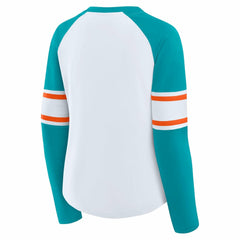 Miami Dolphins Women's Redzone Blitz Package Raglan Lace-Up V-Neck Long Sleeve T-Shirt - White/Aqua - Fanatics