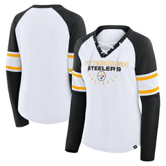 Pittsburgh Steelers Women's Redzone Blitz Package Raglan Lace-Up V-Neck Long Sleeve T-Shirt - White/Black - Fanatics