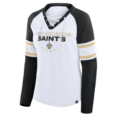 New Orleans Saints Women's Redzone Blitz Package Raglan Lace-Up V-Neck Long Sleeve T-Shirt - White/Black - Fanatics