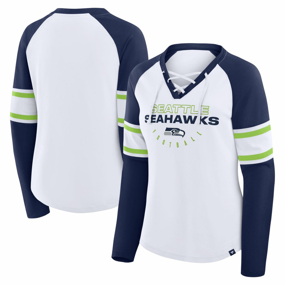 Seattle Seahawks Women's Redzone Blitz Package Raglan Lace-Up V-Neck Long Sleeve T-Shirt - White/College Navy - Fanatics