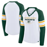 Green Bay Packers Women's Redzone Blitz Package Raglan Lace-Up V-Neck Long Sleeve T-Shirt - White/Green - Fanatics