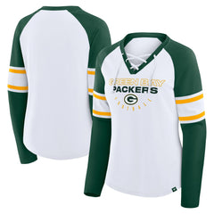 Green Bay Packers Women's Redzone Blitz Package Raglan Lace-Up V-Neck Long Sleeve T-Shirt - White/Green - Fanatics