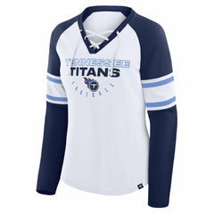 Tennessee Titans Women's Redzone Blitz Package Raglan Lace-Up V-Neck Long Sleeve T-Shirt - White/Navy - Fanatics