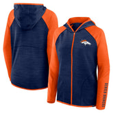 Denver Broncos Women's Redzone End Around Pass Raglan Full-Zip Hoodie - Navy/Orange - Fanatics