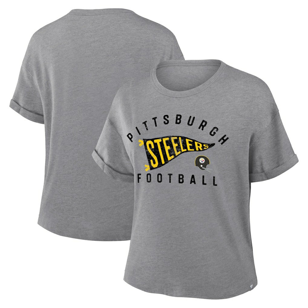 Pittsburgh Steelers Women's Pennant Wave Tribute Tri-Blend Boxy T-Shirt - Heather Gray - Fanatics