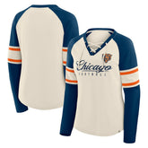 Chicago Bears Women's Hometown Gridiron Hero Raglan Lace-Up V-Neck Long Sleeve T-Shirt - Cream/Navy - Fanatics