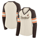 Cleveland Browns Women's Hometown Gridiron Hero Raglan Lace-Up V-Neck Long Sleeve T-Shirt - Cream/Brown - Fanatics