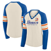 Denver Broncos Women's Hometown Gridiron Hero Raglan Lace-Up V-Neck Long Sleeve T-Shirt - Cream/Royal - Fanatics